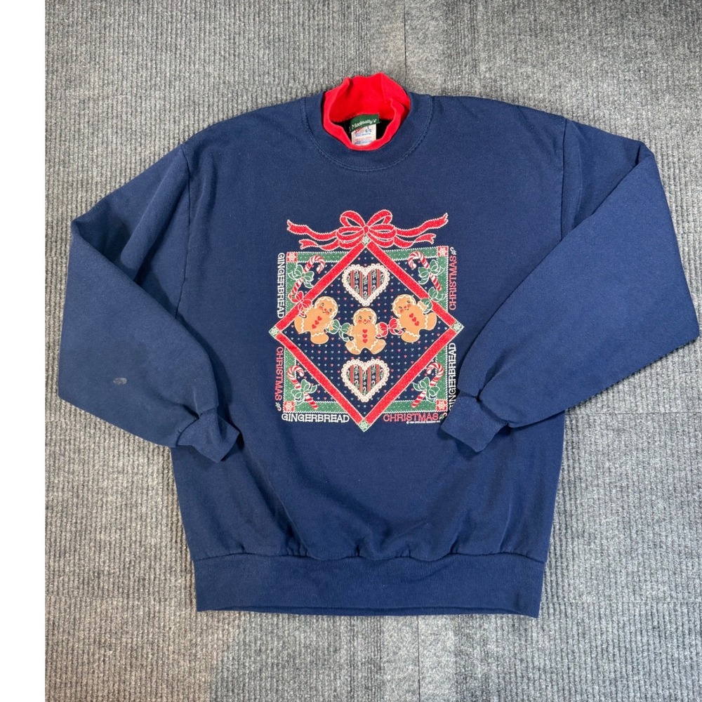 Vintage 1994 Jerzees Christmas Sweatshirt Navy Blue Gingerbread Mock Neck Large